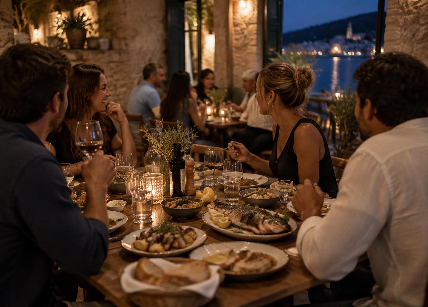 Konzeptaufnahme von Gästen bei einem gemeinsamen Abendessen