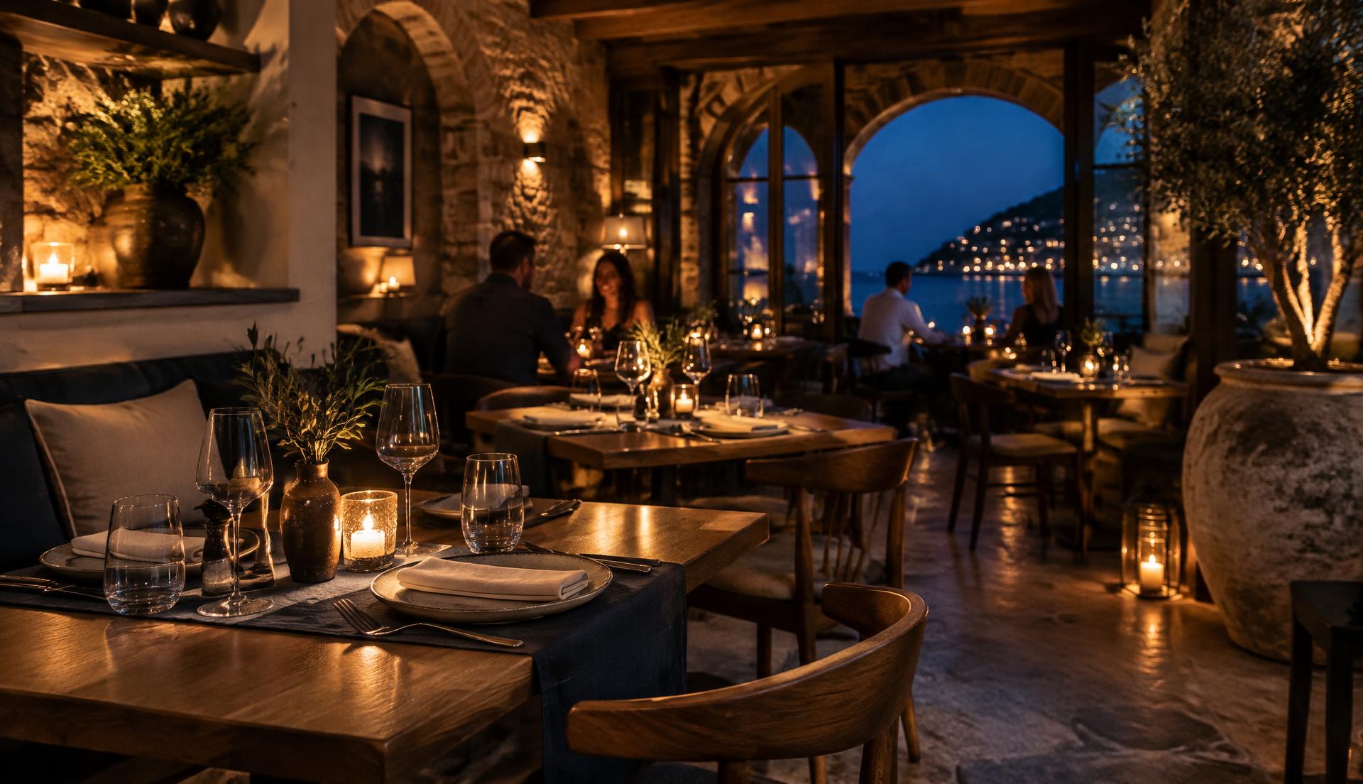 Konzeptaufnahme eines warm beleuchteten Restaurantabends