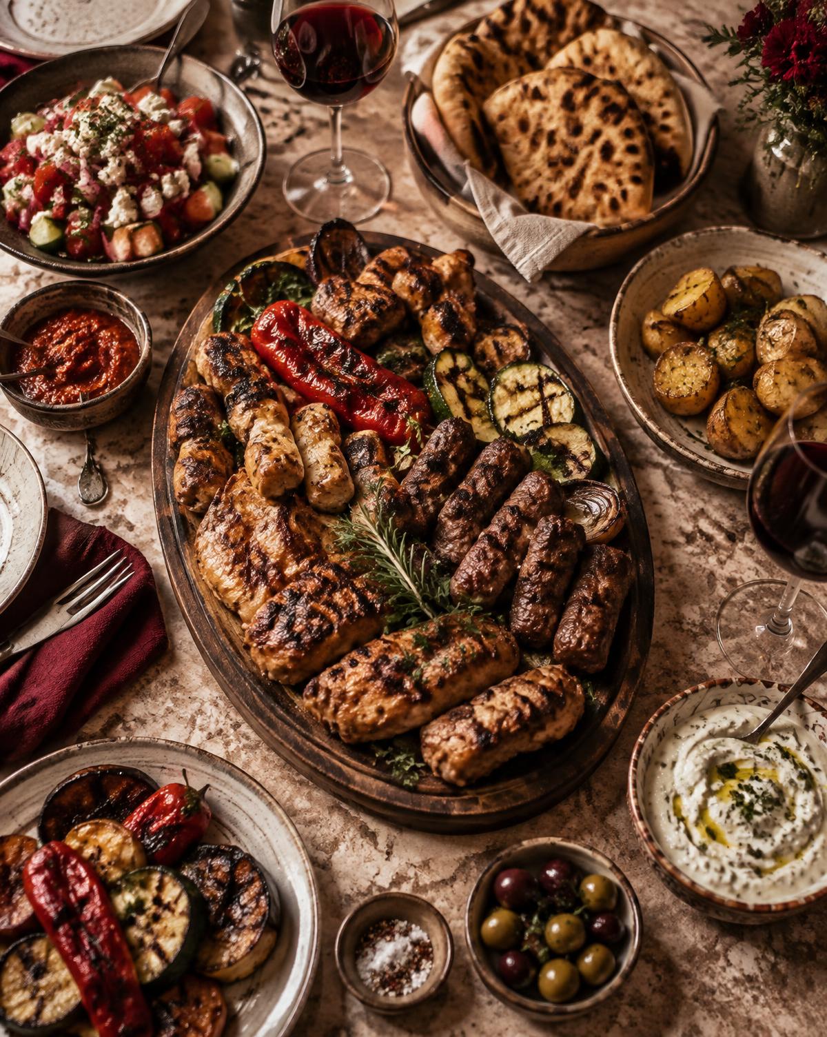 Konzeptaufnahme einer reich gedeckten mediterranen Tafel