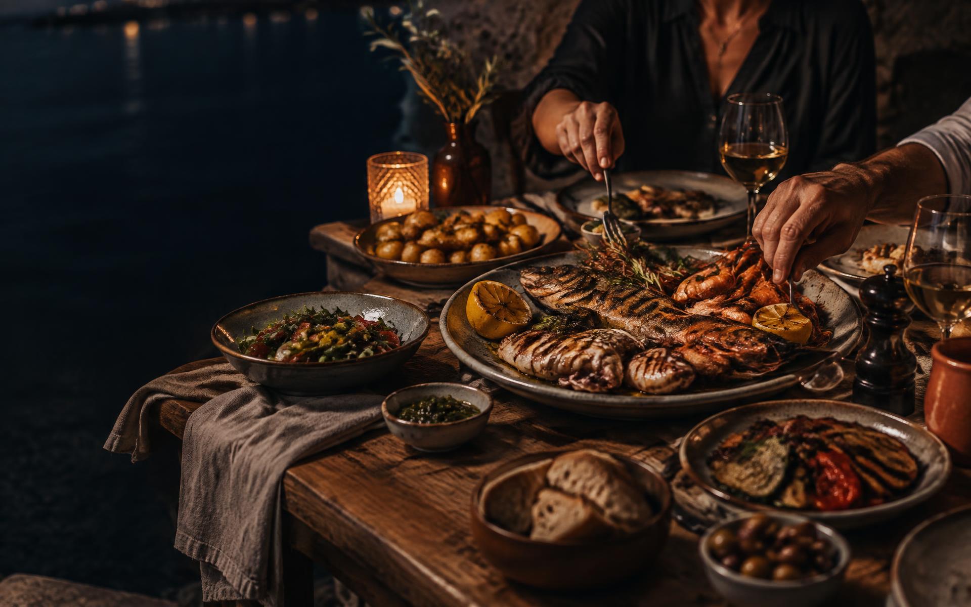 Konzeptaufnahme einer warm beleuchteten Tafel mit Grillgerichten